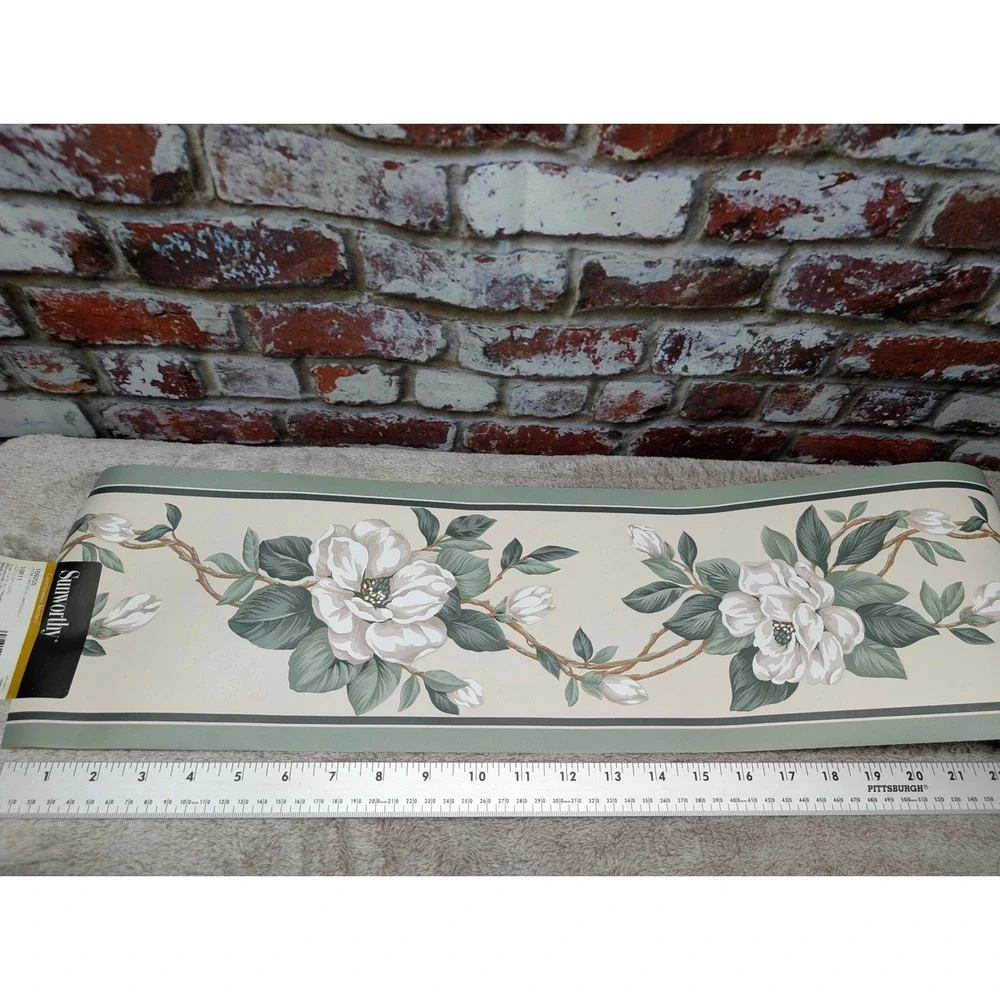 Sunworthy Magnolia Floral Wallpaper Border Sage Green Cream 109209 5 Yards